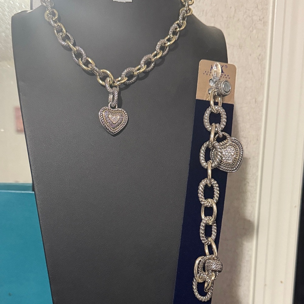 Gold and Silver Heart Pendant Necklace and Bracelet Set